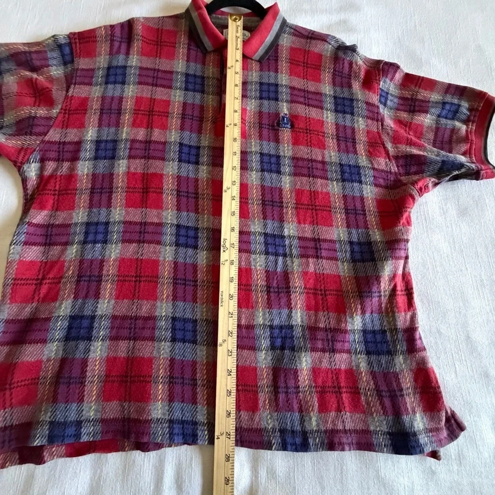 Vtg IZOD Polo Shirt Mens L Plaid Short Sleeve Cotton Knit Logo Casual Preppy